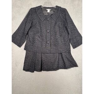 Tweeds Black Linen Blend Eyelet Skirt Suit Set Jacket & Skirt Floral Size L